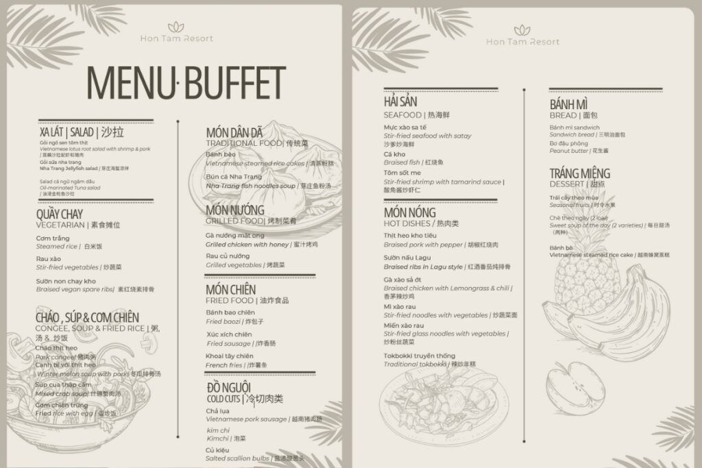 Buffet Hòn Tằm dành cho khách tham quan trong ngày 2 menu buffet hòn tằm