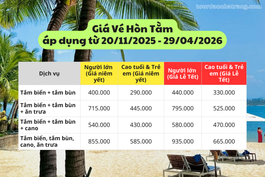 Giá vé tắm bùn & tắm biển Hòn Tằm 2026